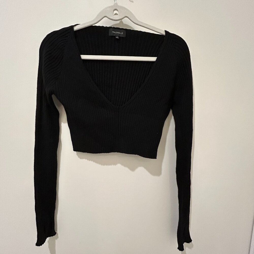 Majorelle Long Sleeve Ribbed V-Neck Top – Size M (Black)